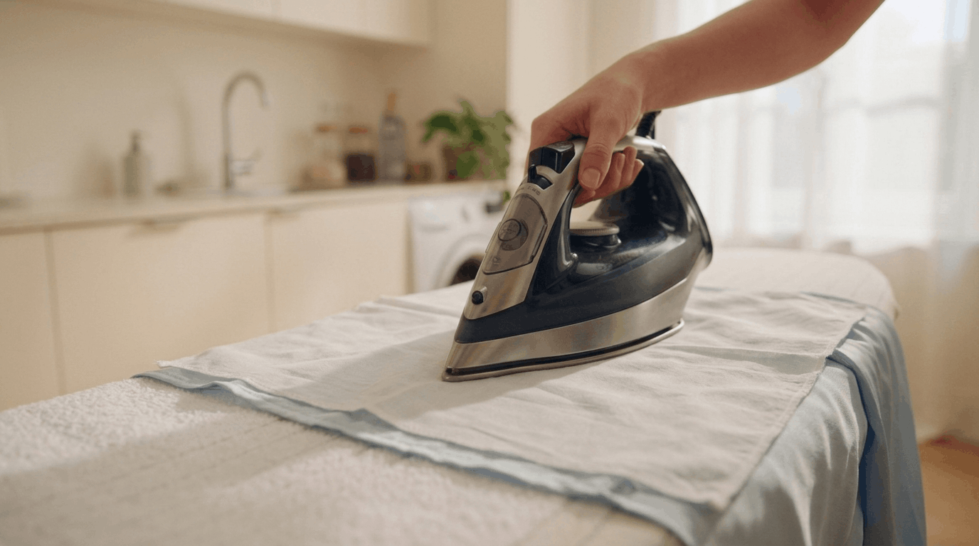 Iron pressing polyester fabric with a white cotton pressing cloth used as a heat barrier to prevent damage and scorch marks