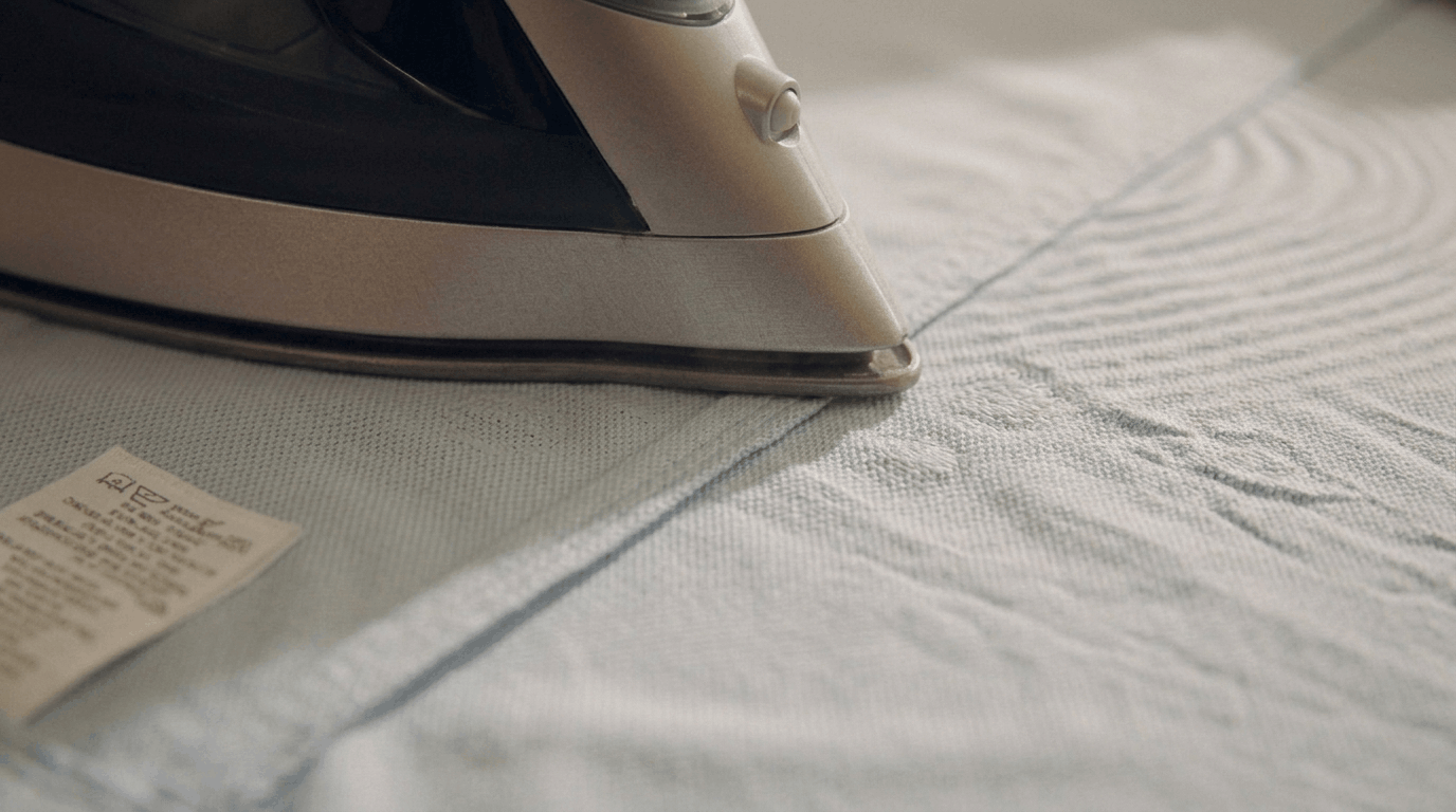 Person gently ironing polyester fabric using short light passes with continuous movement to safely remove wrinkles without heat damage