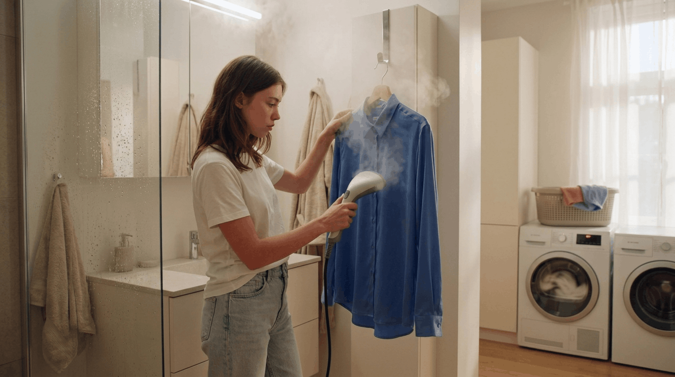 Polyester garment being steamed hung in bathroom and dried showing safe wrinkle removal methods without ironing