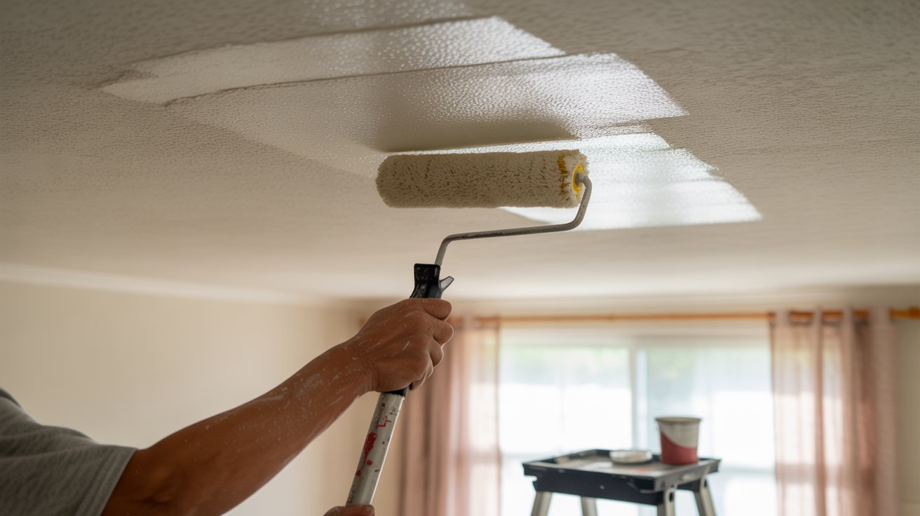 Person using a roller on an extension pole to paint a textured popcorn ceiling in a well-lit room.