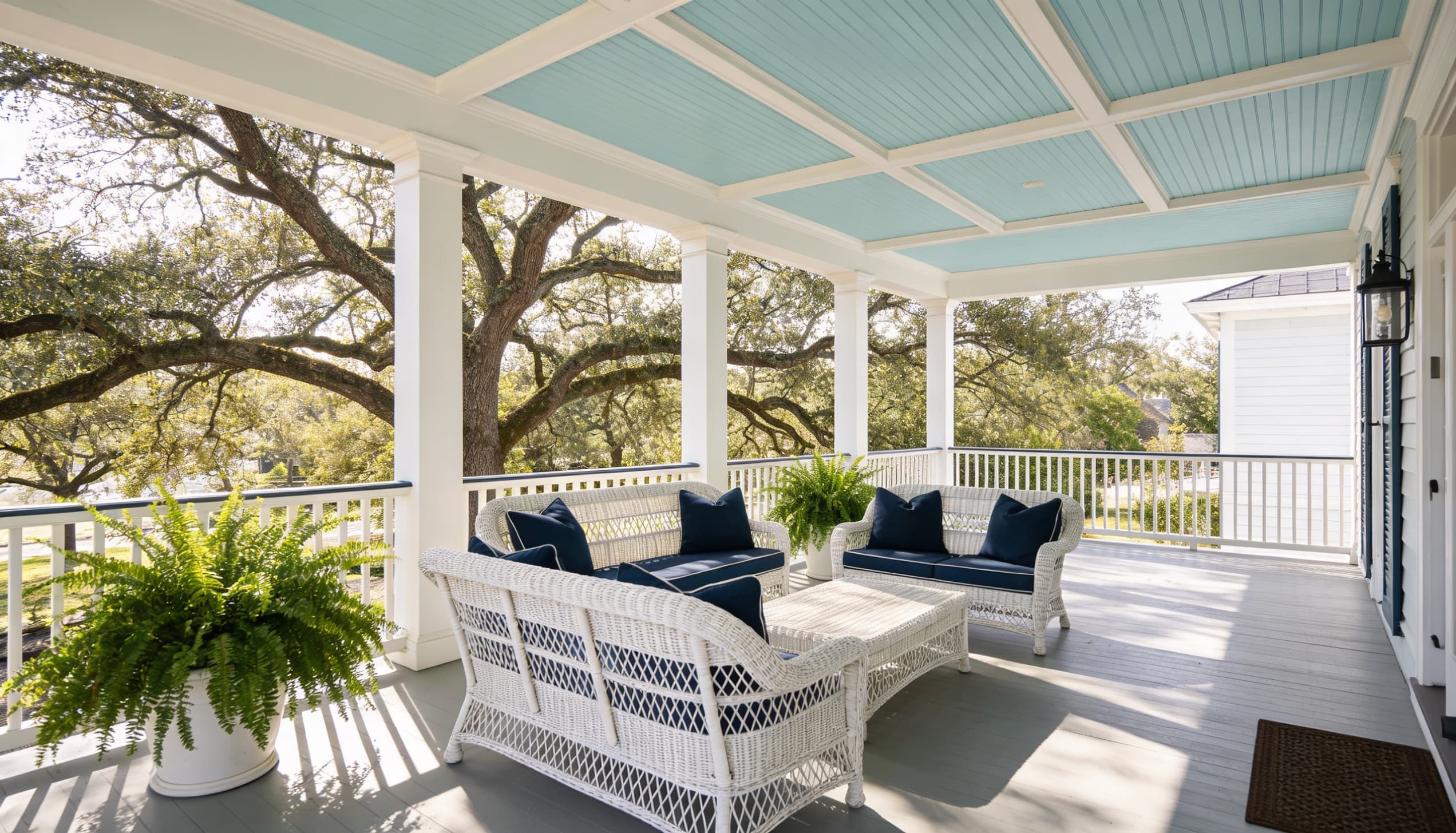 Porch with white wicker furniture, navy blue cushions, ferns, and a light blue ceiling.