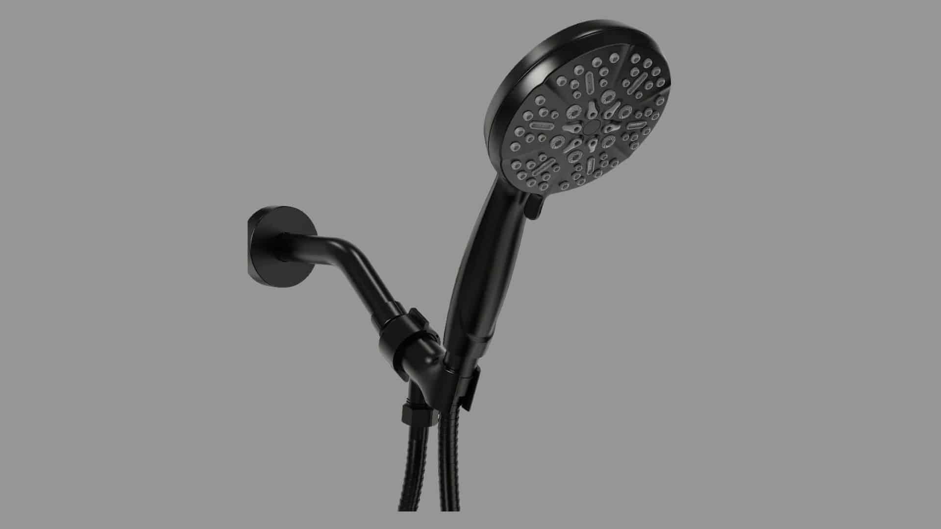 Black handheld power shower with adjustable wall bracket, flexible hose, and multi-spray showerhead.
