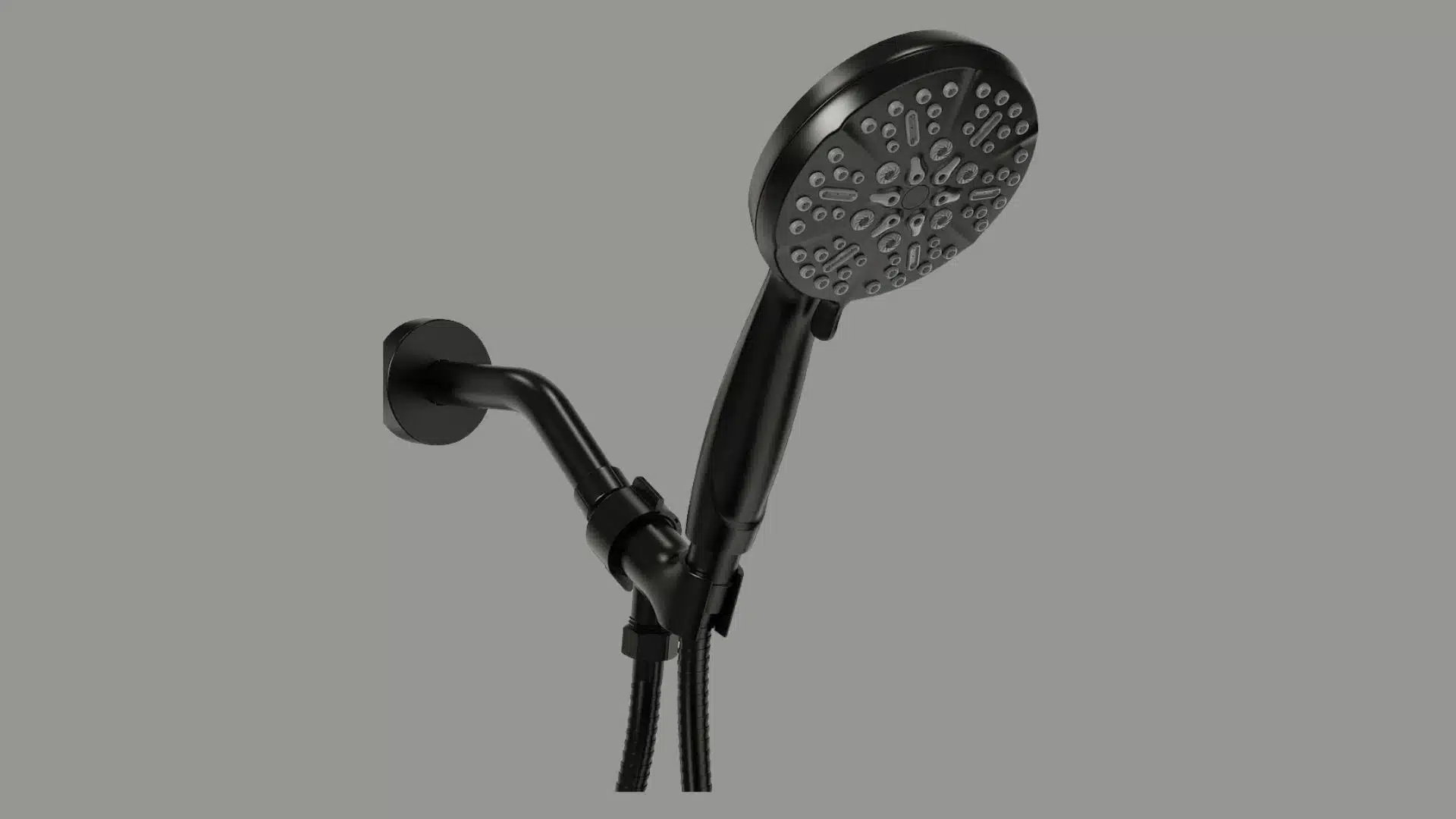 Black handheld power shower with adjustable wall bracket, flexible hose, and multi-spray showerhead.