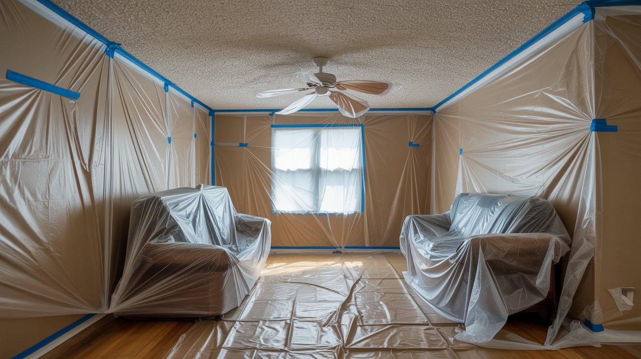 Room fully covered with plastic sheeting on walls and drop cloths on the floor, prepared for ceiling painting.