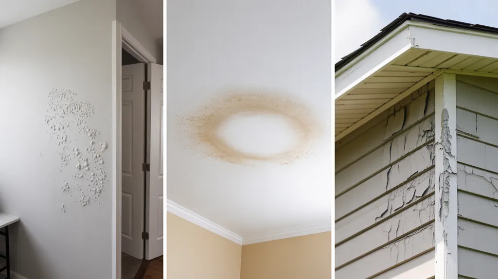 Paint bubbling on an interior wall, ceiling, and exterior surface.