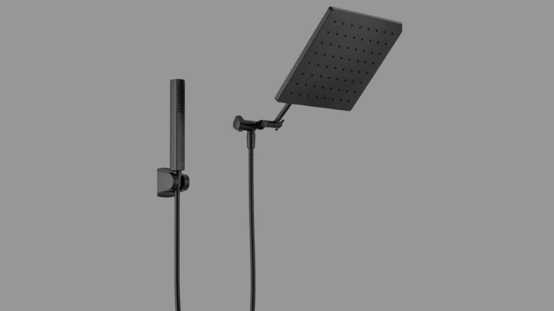 Matte black rain shower system with large square overhead showerhead, handheld wand, and concealed mixer valve.