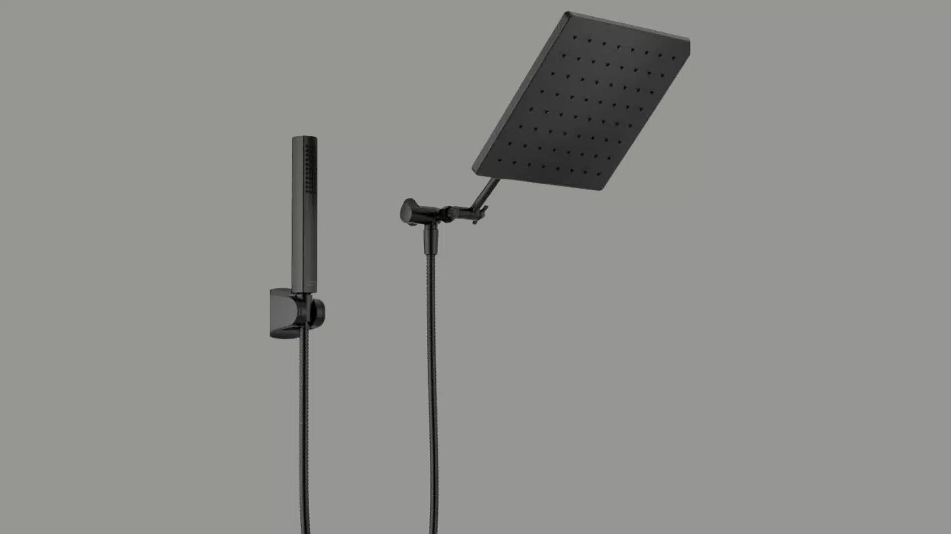 Matte black rain shower system with large square overhead showerhead, handheld wand, and concealed mixer valve.