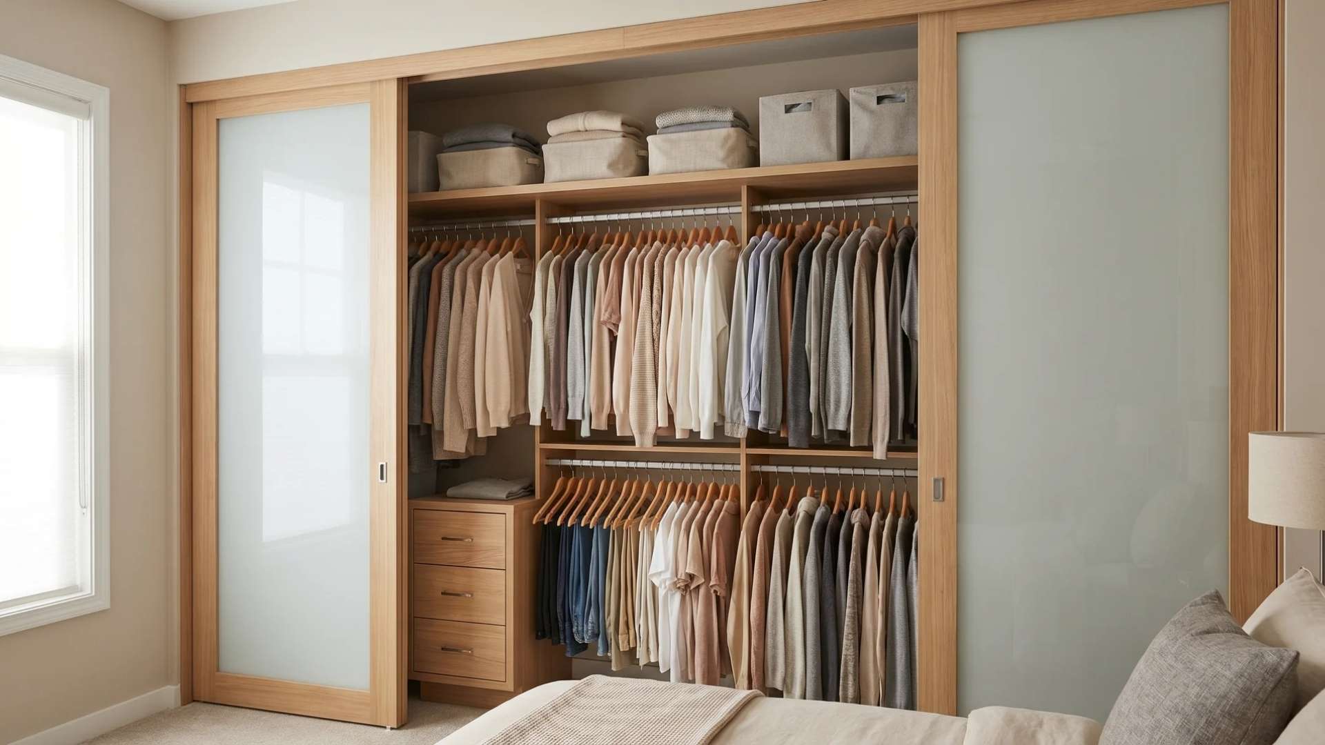 Reach-in closet with dual hanging rods and drawers, maximizing space for clothing and accessories