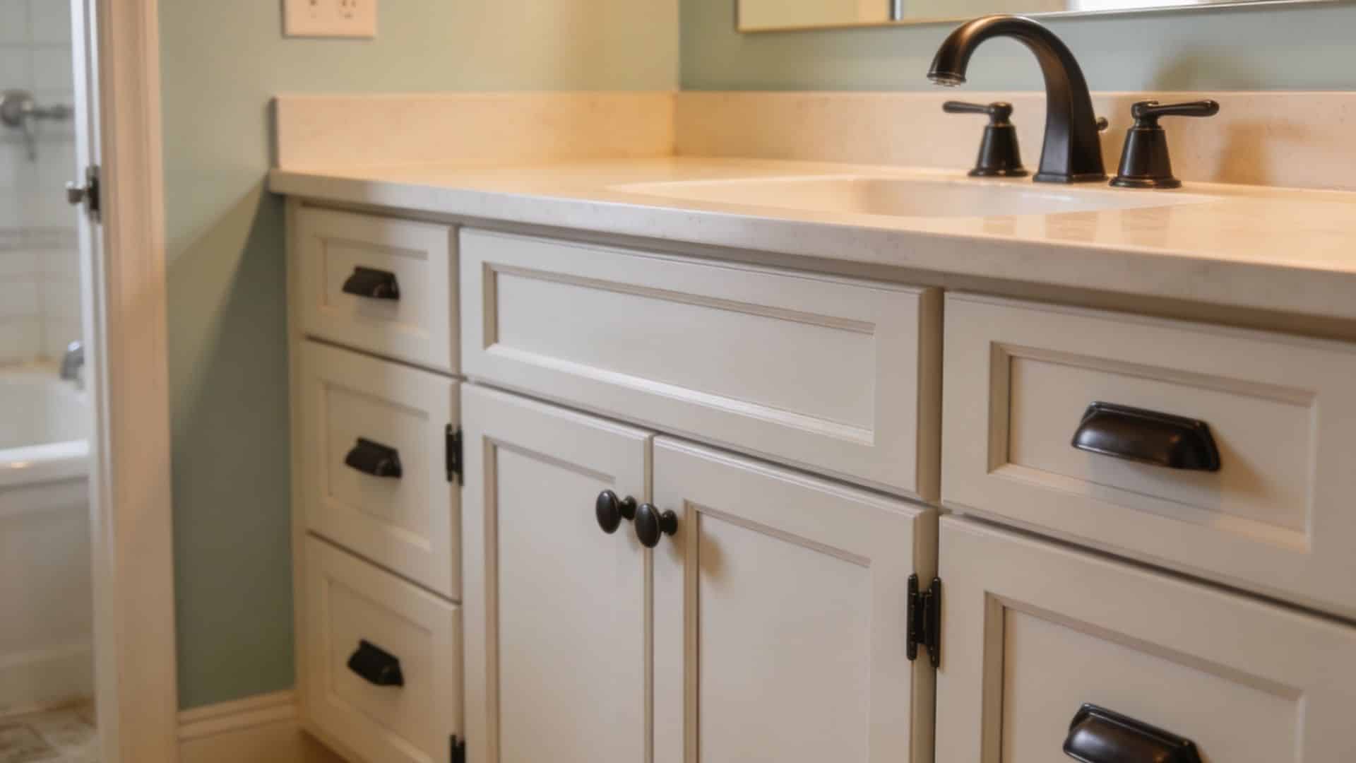 Newly painted bathroom cabinet reassembled with updated hardware after completing a refinish bathroom vanity makeover project.