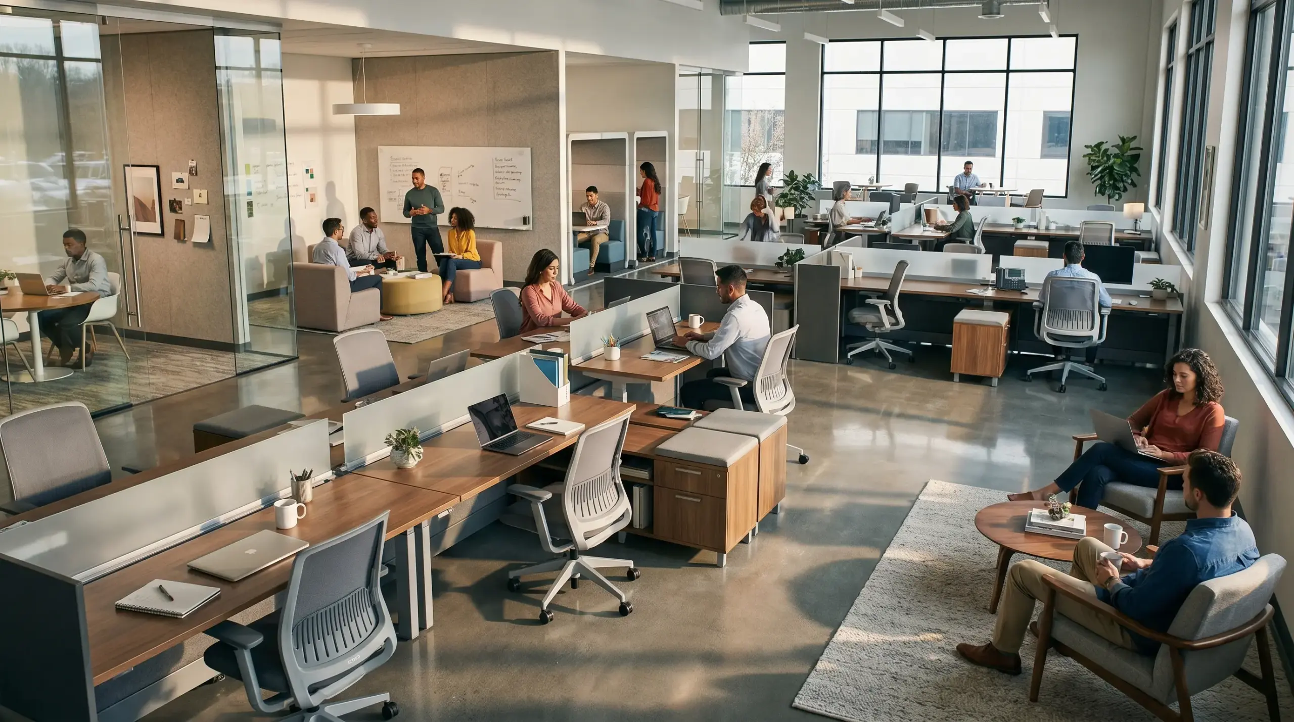 Modern office with low, open cubicles, flexible desks, breakout areas, quiet pods, and employees working collaboratively and individually.