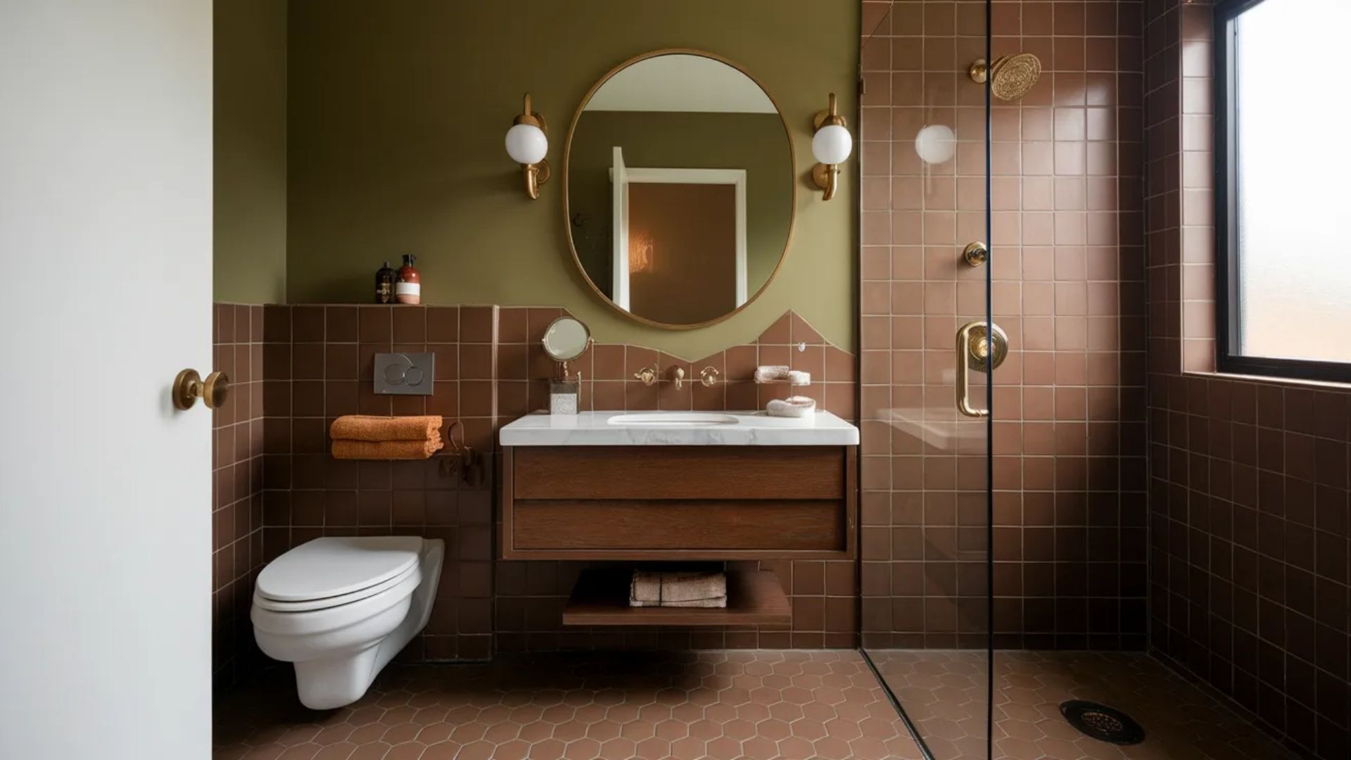 Retro 70s house interior bathroom with brown tile walls floating wood vanity round mirror and brass fixtures