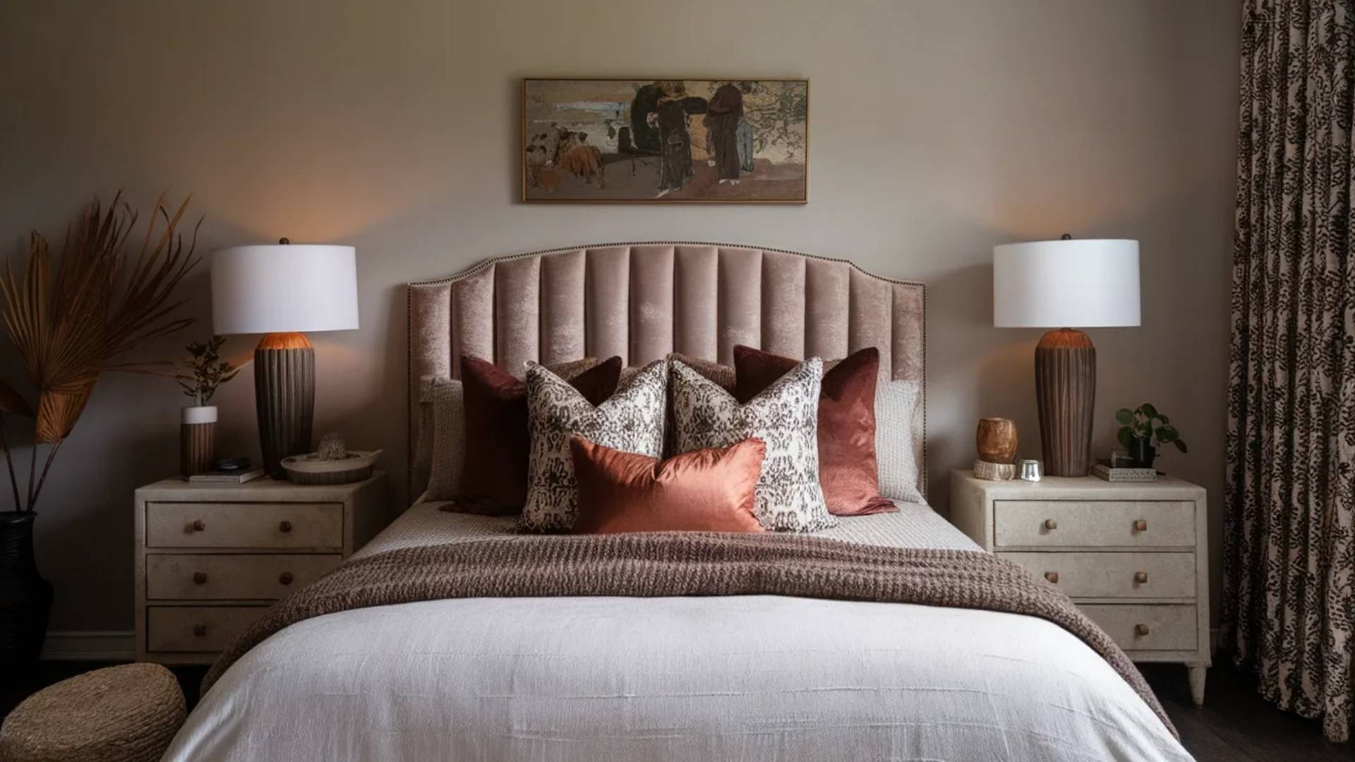 Retro 70s house interior bedroom with upholstered headboard, earthy tones layered pillows and vintage table lamps