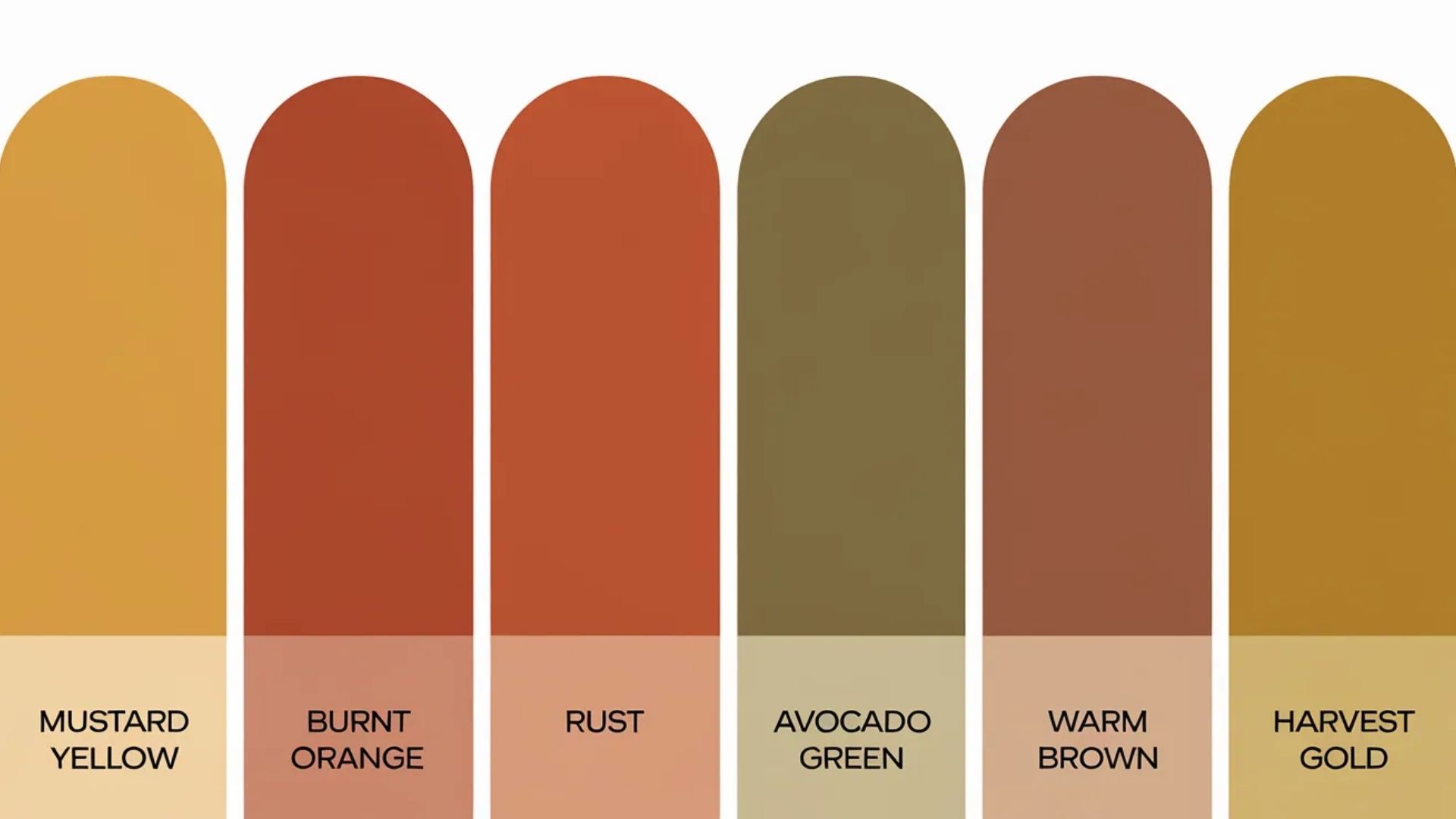 A 1970s color palette featuring arched swatches of mustard yellow, burnt orange, rust, avocado green, warm brown, and harvest gold.