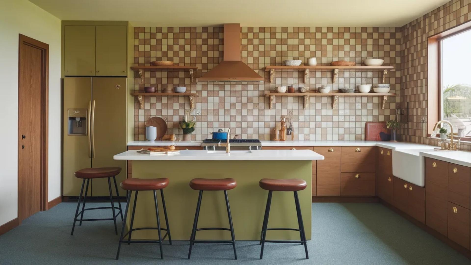 Retro 70s house interior kitchen with olive green cabinets checkered tile backsplash open shelves and bar stools