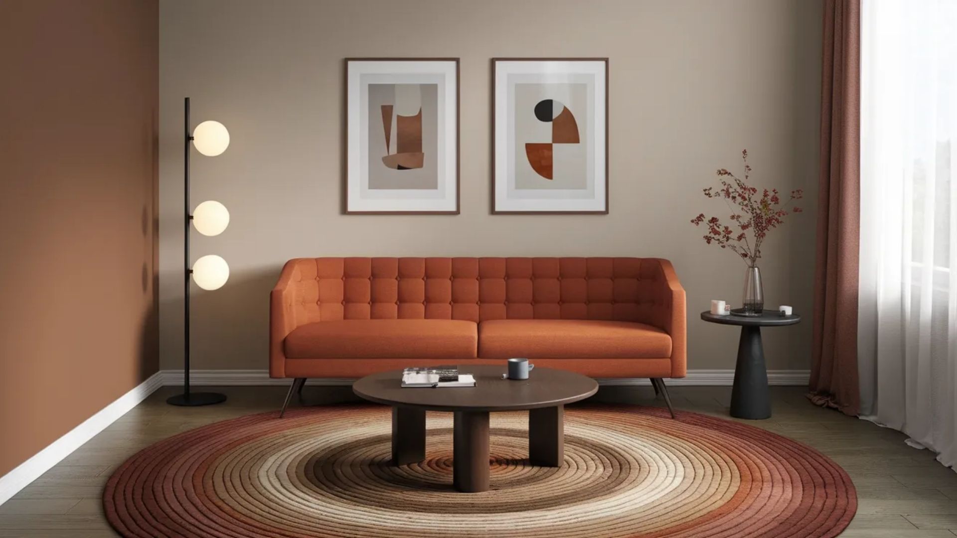 retro 70s house interior living room with orange sofa round rug warm neutral walls and mid century lighting