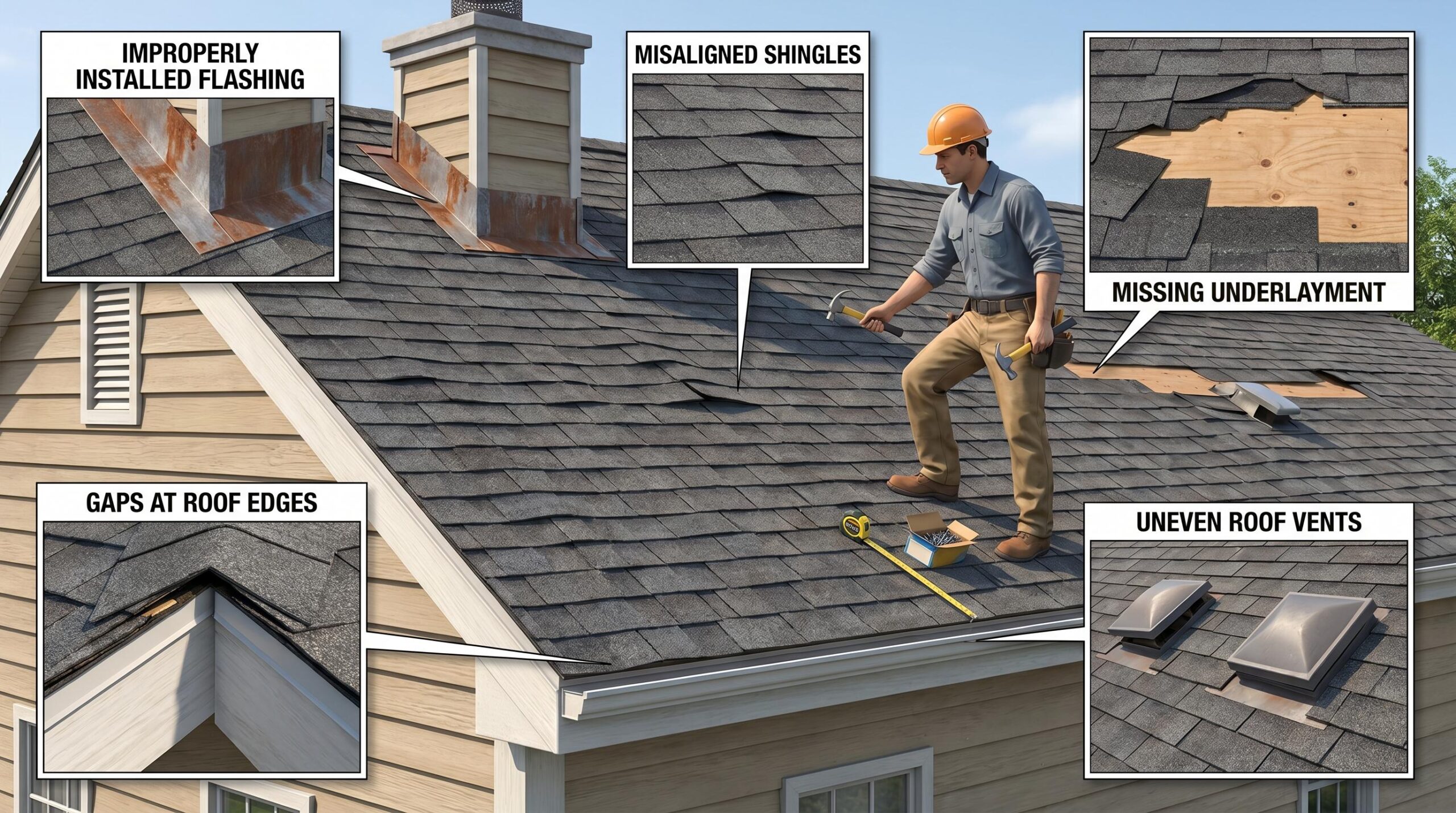 Illustration of a residential roof showing common installation mistakes, including misaligned shingles, improper flashing, gaps at edges, missing underlayment, and uneven roof vents.