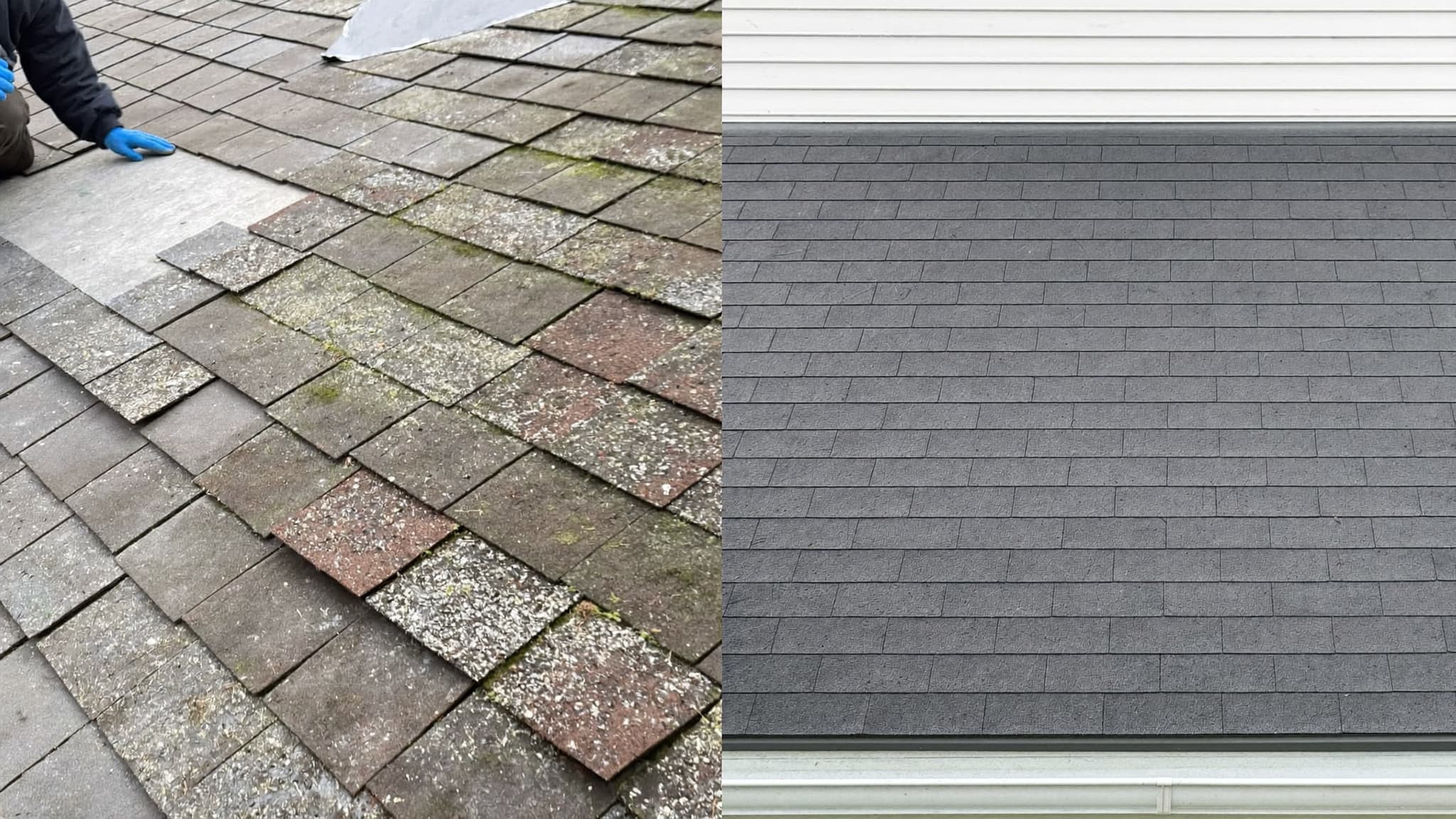 Visual contrast between a small shingle patch repair and a full roof replacement.