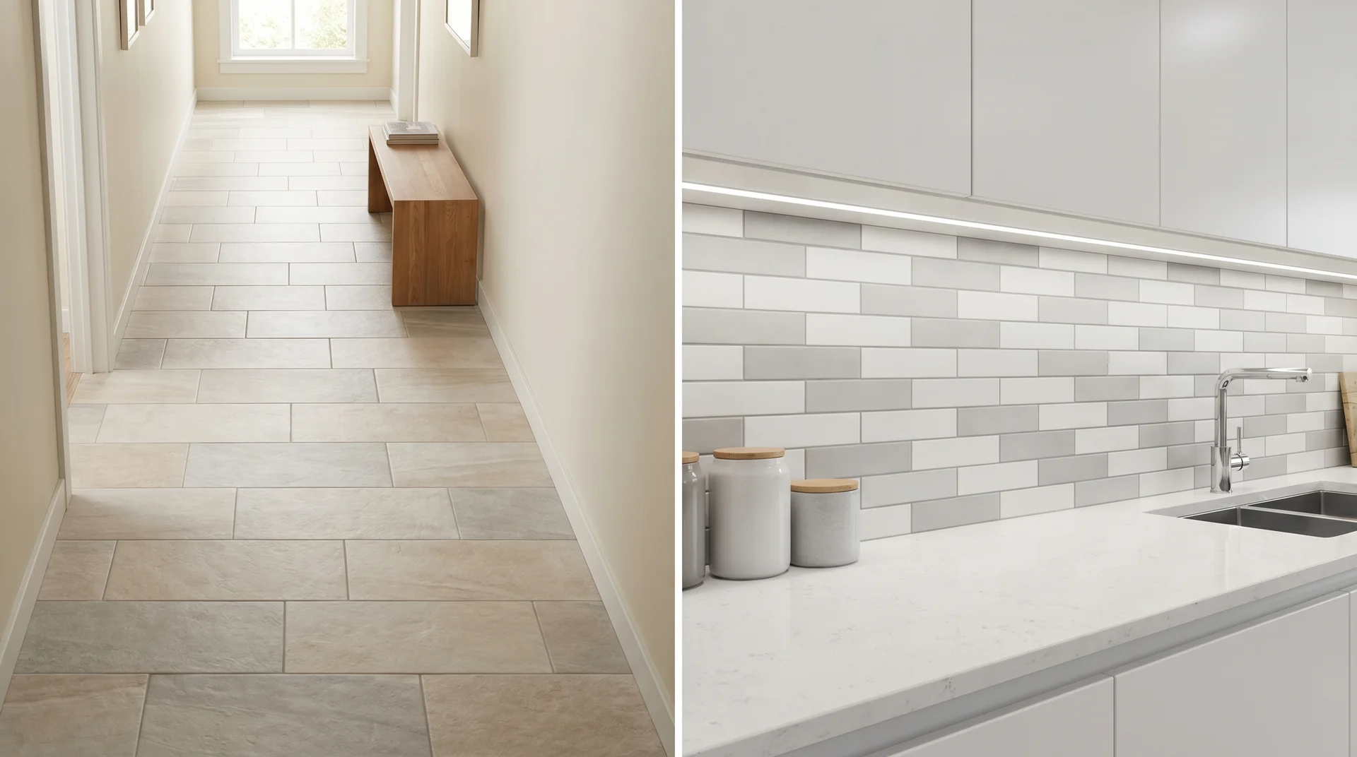 Running bond pattern with beige rectangular tiles on the left floor and gray and white rectangular tiles on the right wall backsplash.