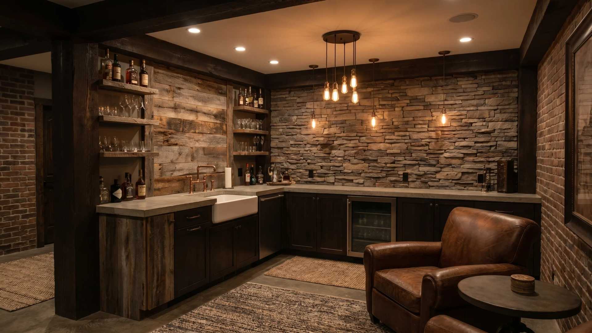 Rustic industrial wet bar with stone walls, reclaimed wood, and warm hanging lights.
