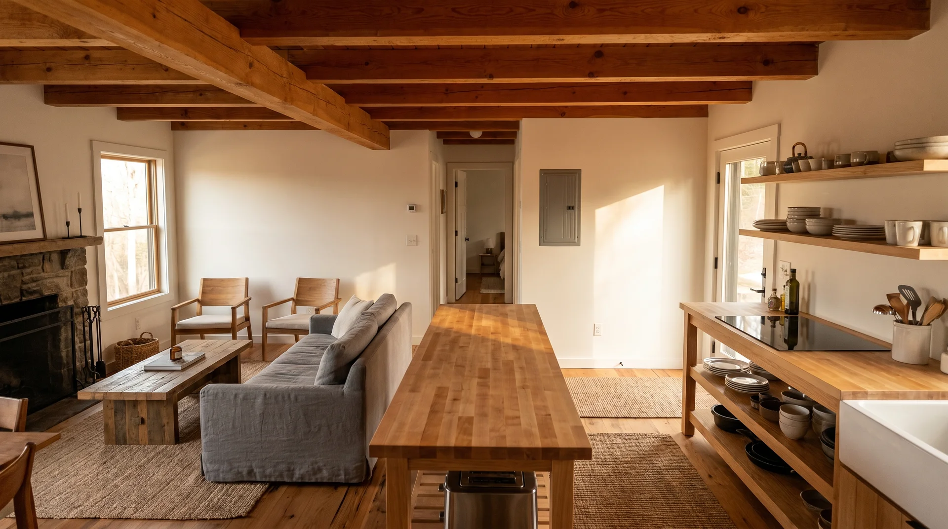 Rustic kitchen and living area with exposed wood ceiling beams, a long wooden island, open shelving, and a grey sofa.