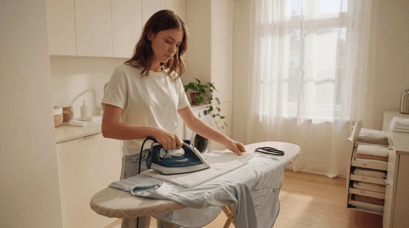 Polyester shirt being safely ironed inside out with pressing cloth on low heat showing correct ironing method for fabric protection