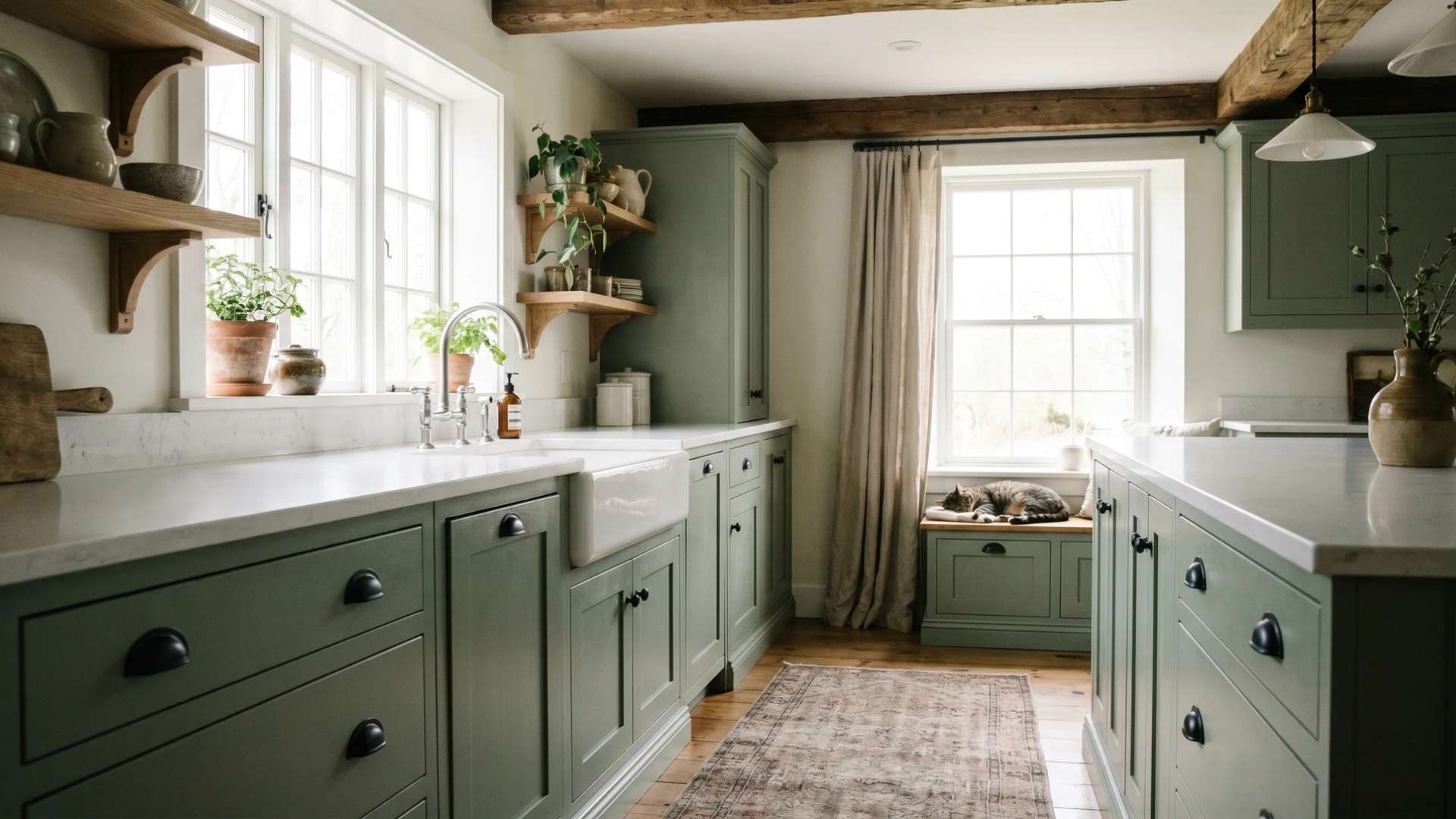 Sage green painted kitchen cabinets with wooden shelves, farmhouse sink, and natural light streaming in.