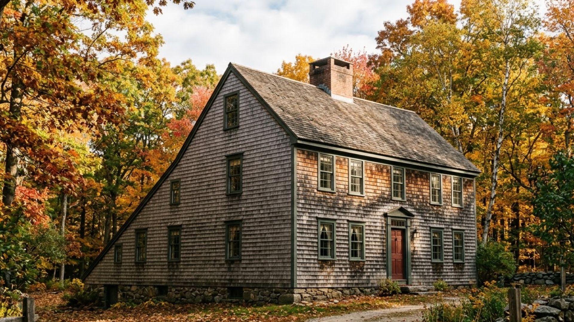 saltbox roof house with long sloping rear roof set in autumn woodland with colorful foliage