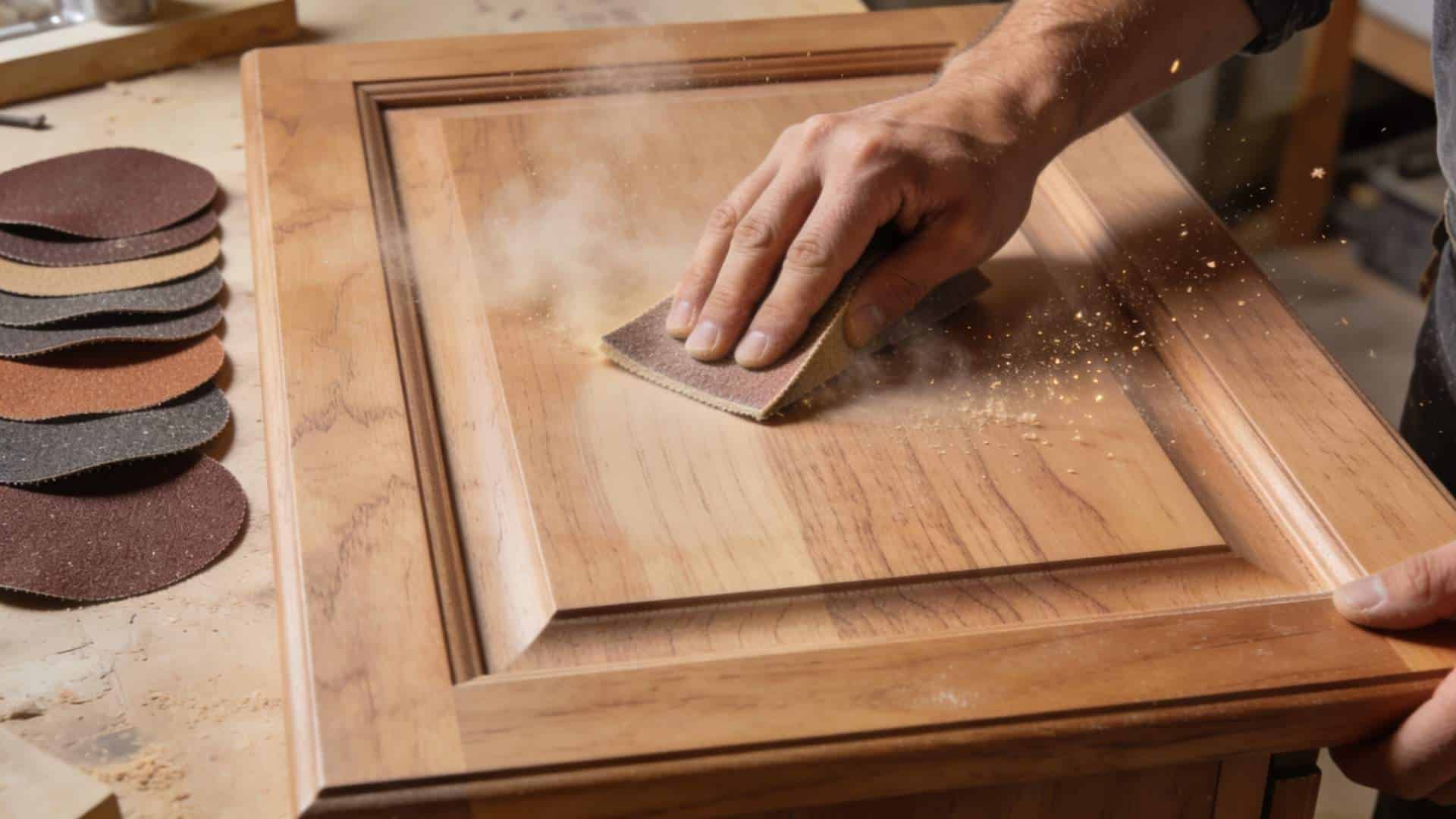 Sanding wooden cabinet door with multiple grit sandpapers during a refinish bathroom vanity preparation process for smooth results.