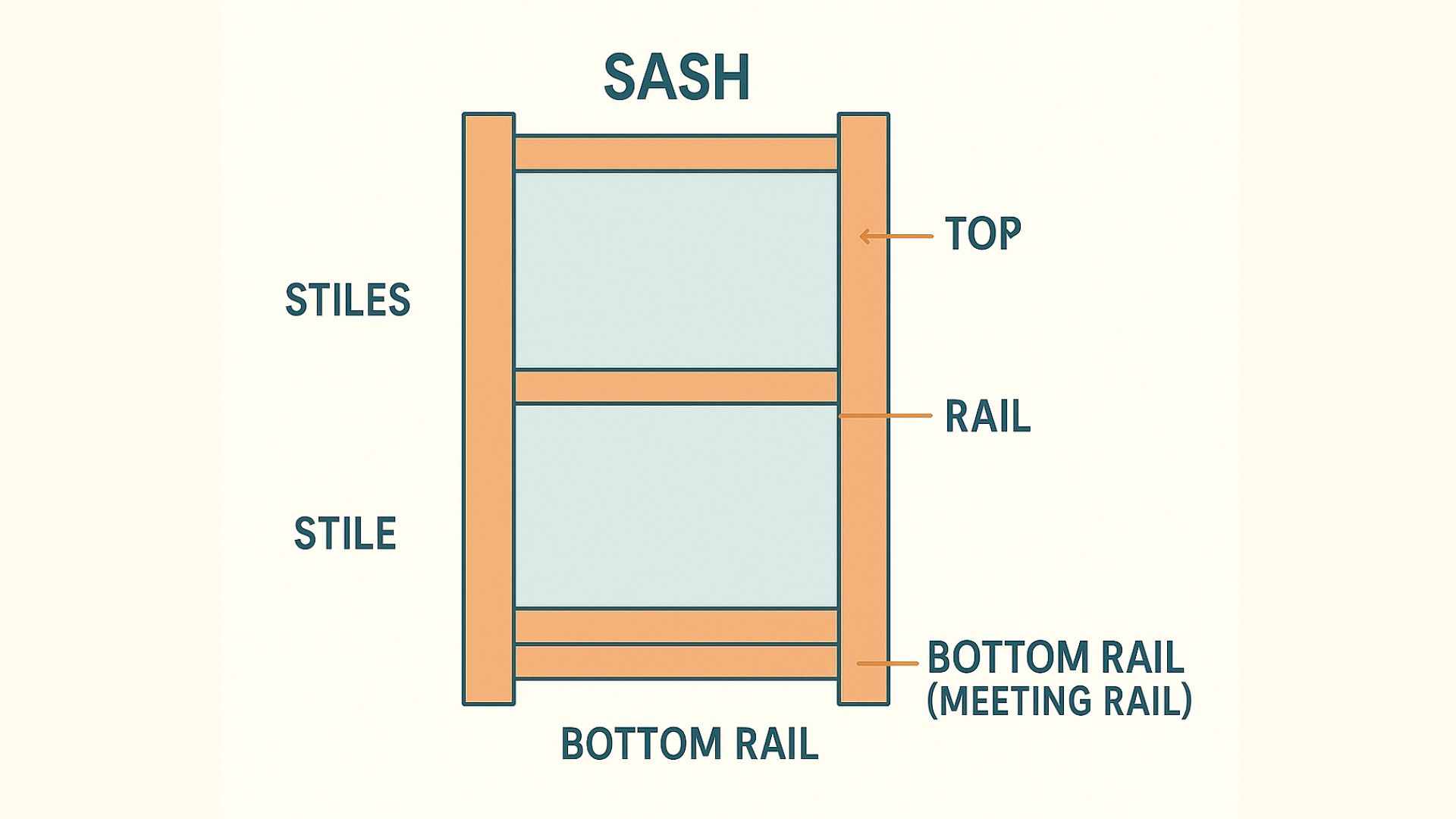 A diagram of a window sash labeling its components: stiles on the sides, top and bottom rails, and a middle rail.