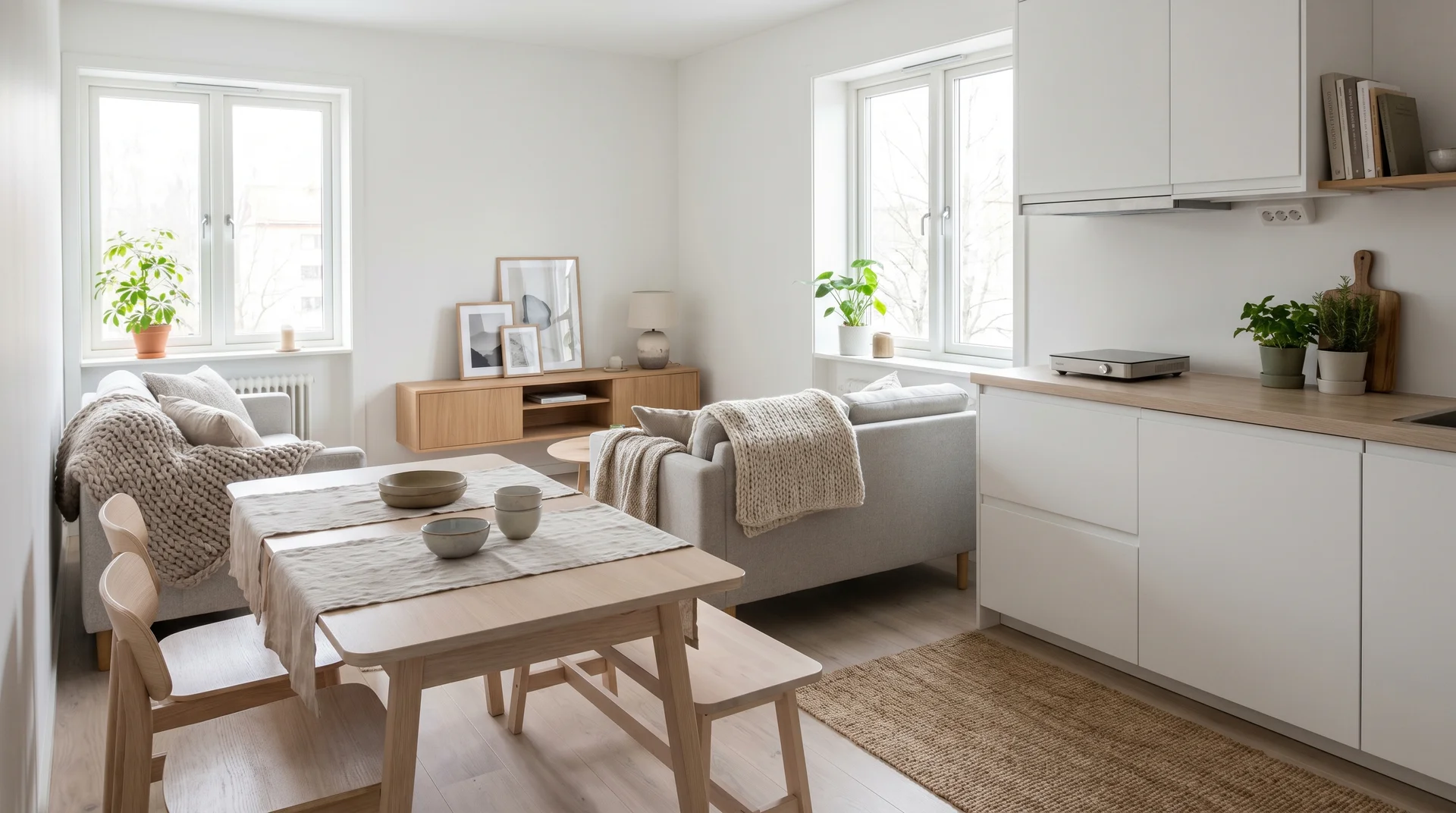 Minimalist Scandinavian open layout with a light wood dining table, white kitchen cabinets, and a grey sofa by the window.
