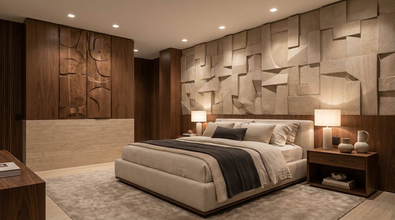 Wall decor for bedroom showcasing sculptural textured wall panels adding depth, dimension, and architectural interest.