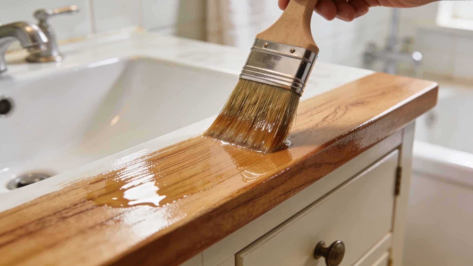 Brushing clear protective sealant onto wooden vanity top after completing a refinish bathroom vanity staining process.