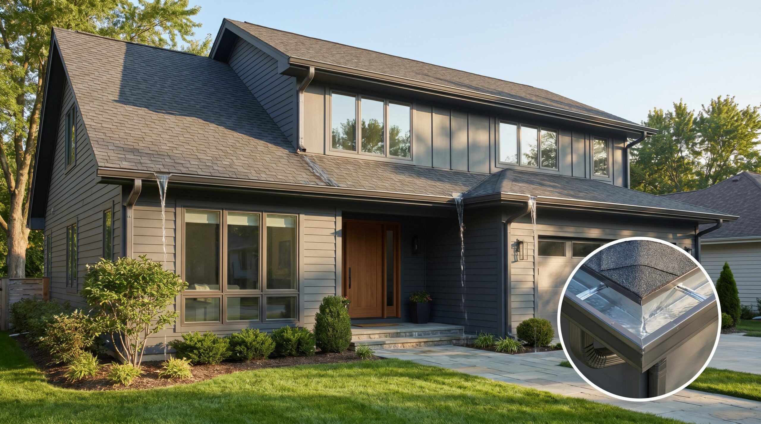 Exterior view of a modern home with newly installed seamless gutters, showing rainwater flowing smoothly into downspouts, highlighting improved functionality, curb appeal, and increased home value.