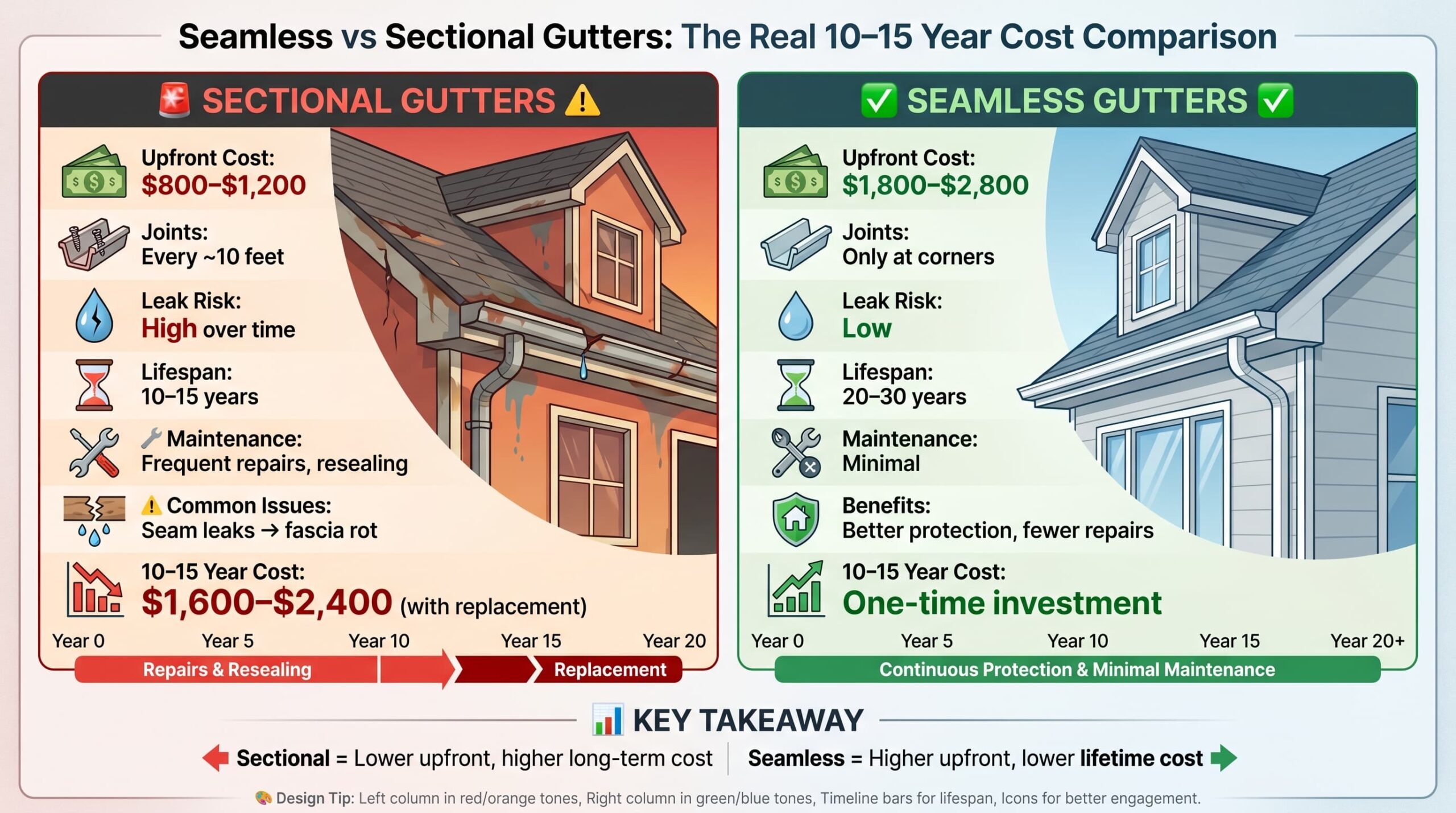 Infographic comparing seamless vs sectional gutters with cost, lifespan, maintenance, and long-term value breakdown