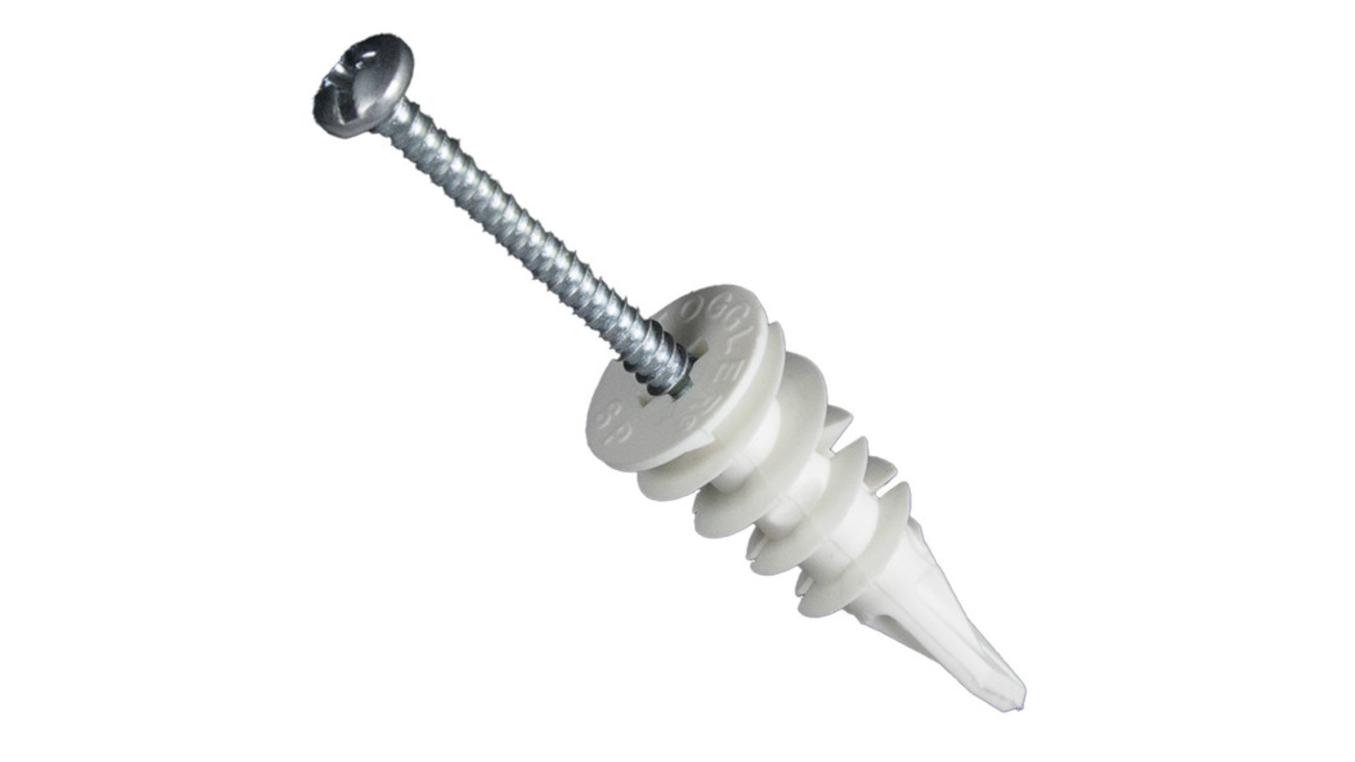 A white plastic self-drilling threaded drywall anchor shown with its matching metal screw on a plain background.
