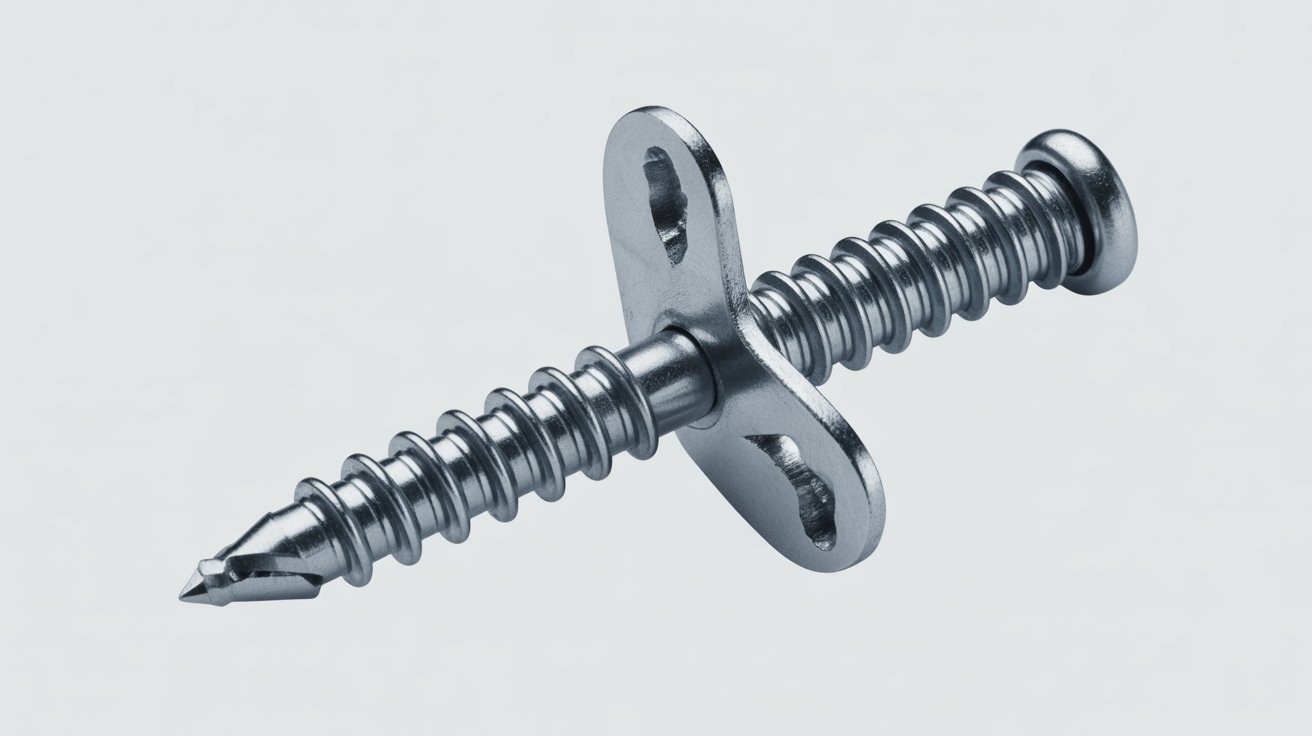 Metal self-drilling toggle anchor with a sharp tip and folding wings, designed for heavy-duty drywall mounting.