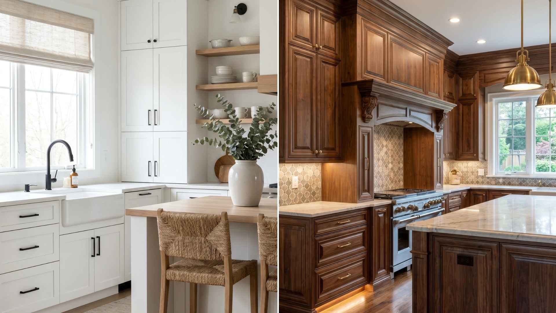 Modern shaker cabinets vs traditional kitchen cabinets showing difference in panel depth and detailing.