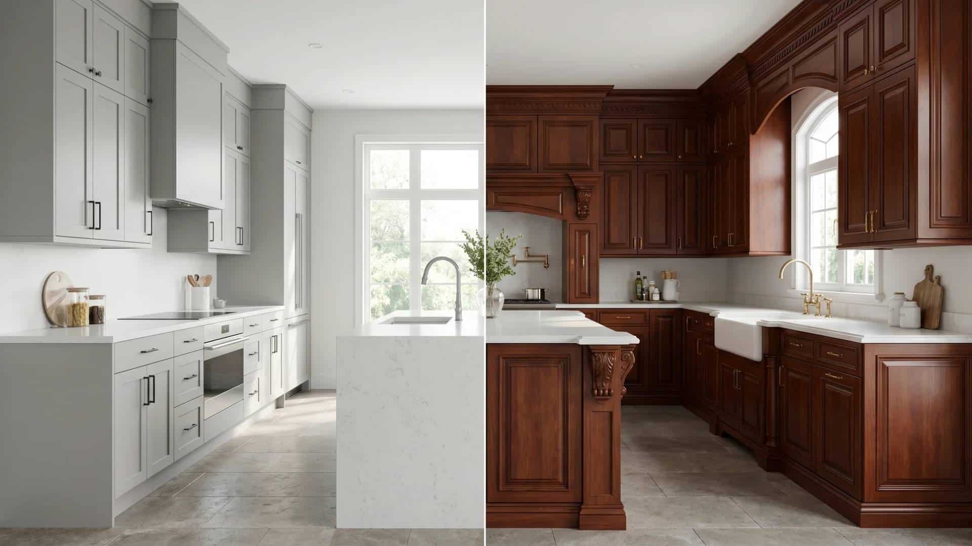 White shaker cabinets vs traditional wood cabinets in a bright kitchen showing styling contrasts.