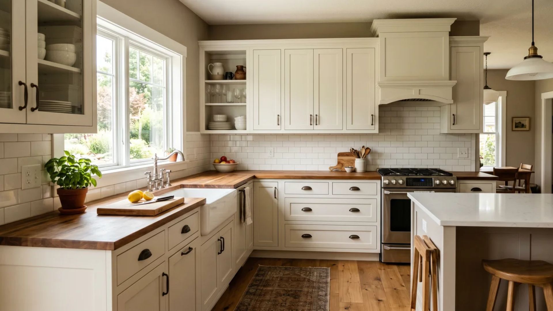 Shaker full overlay kitchen cabinets in off white painted finish with recessed panel doors in a farmhouse style kitchen