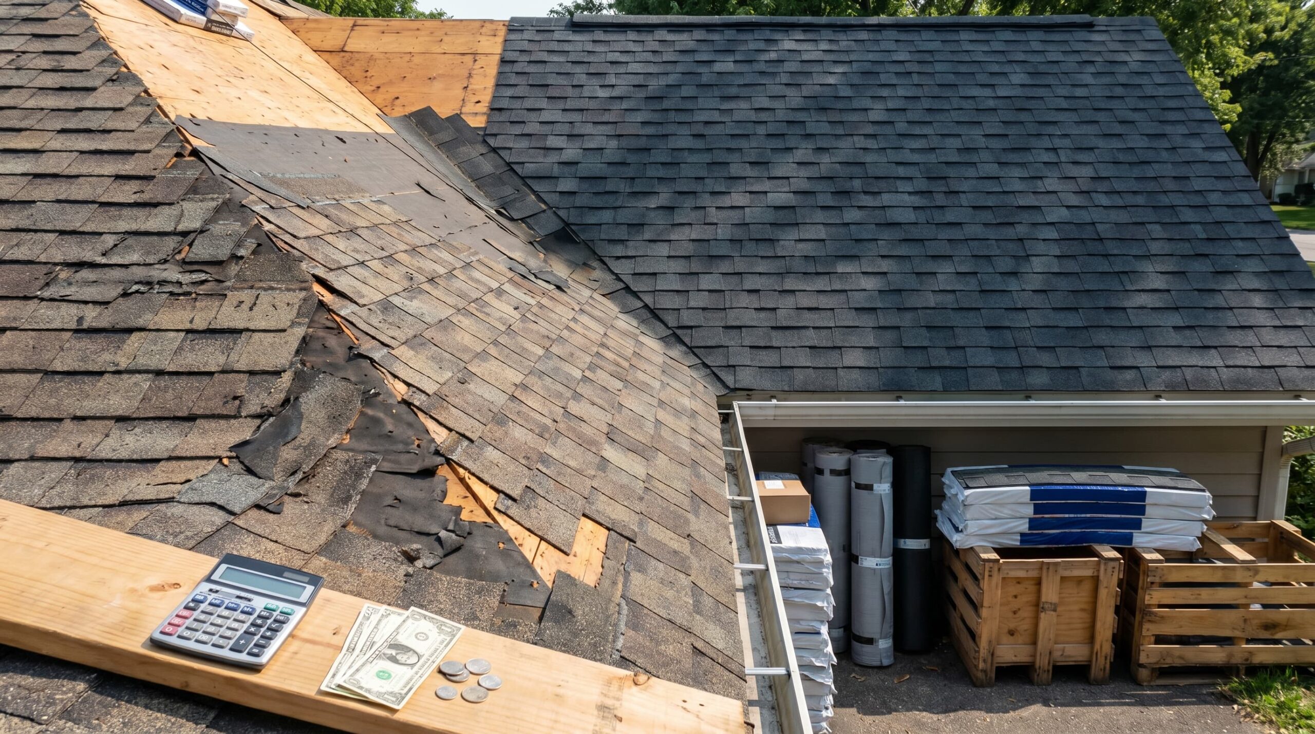 Residential roof undergoing shingle replacement with visible materials, tools, and setup showing shingle replacement cost and installation process