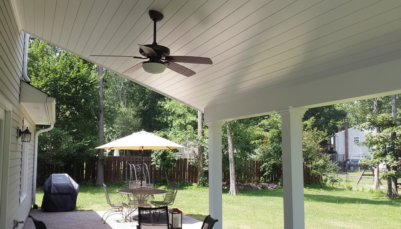Covered patio with a ceiling fan, dining area, and outdoor grill in a green yard.