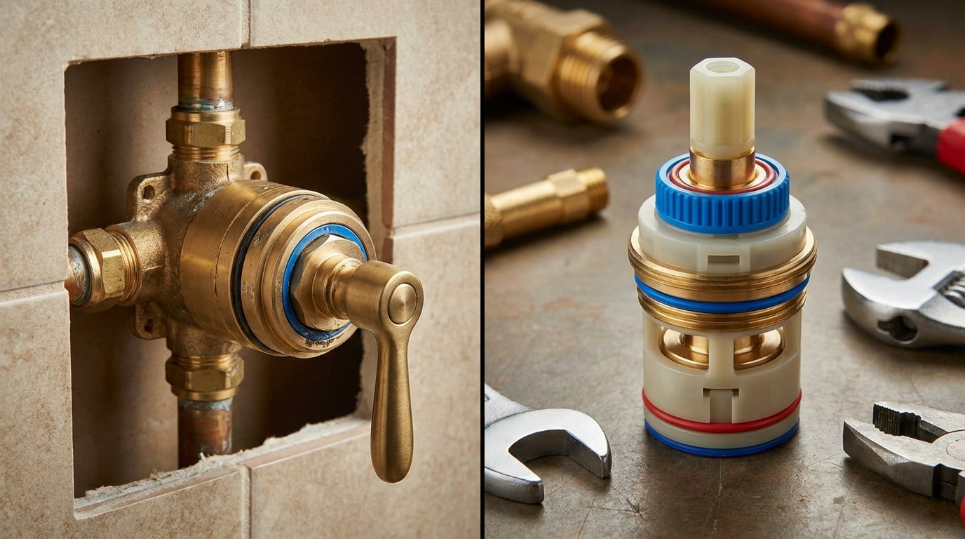 Close-up comparison of a shower valve installed in wall and removable shower valve cartridge replacement part.