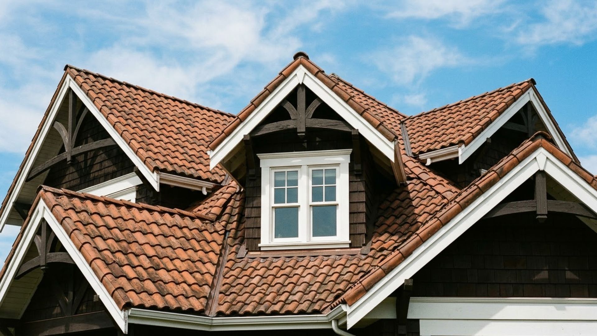 Multiple side gable roof sections with red tiles and a dormer window