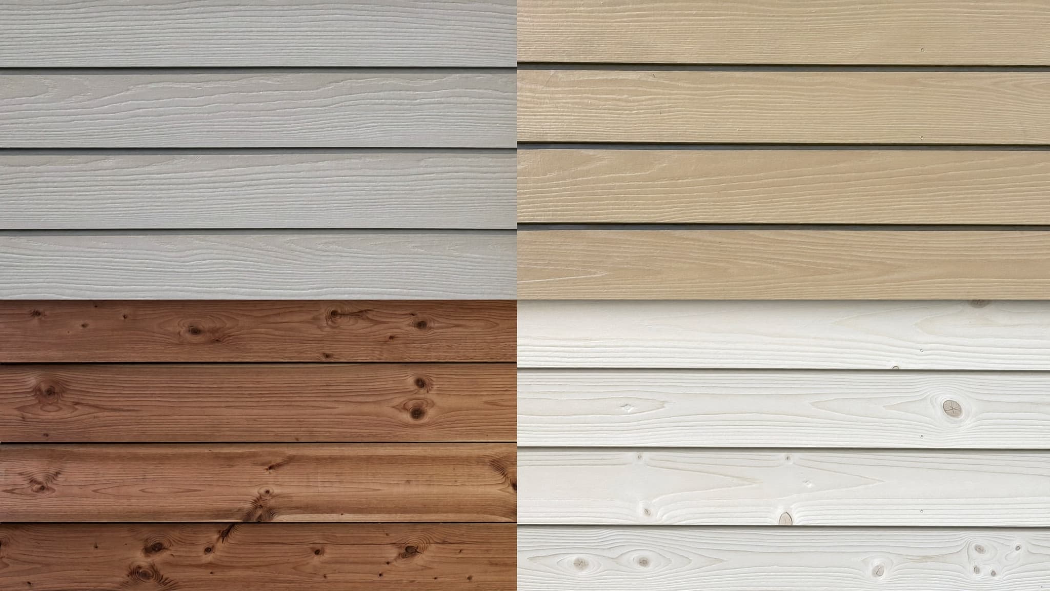 Four siding material panels compared side-by-side: light gray vinyl, tan fiber cement, dark natural wood, and off-white engineered wood.