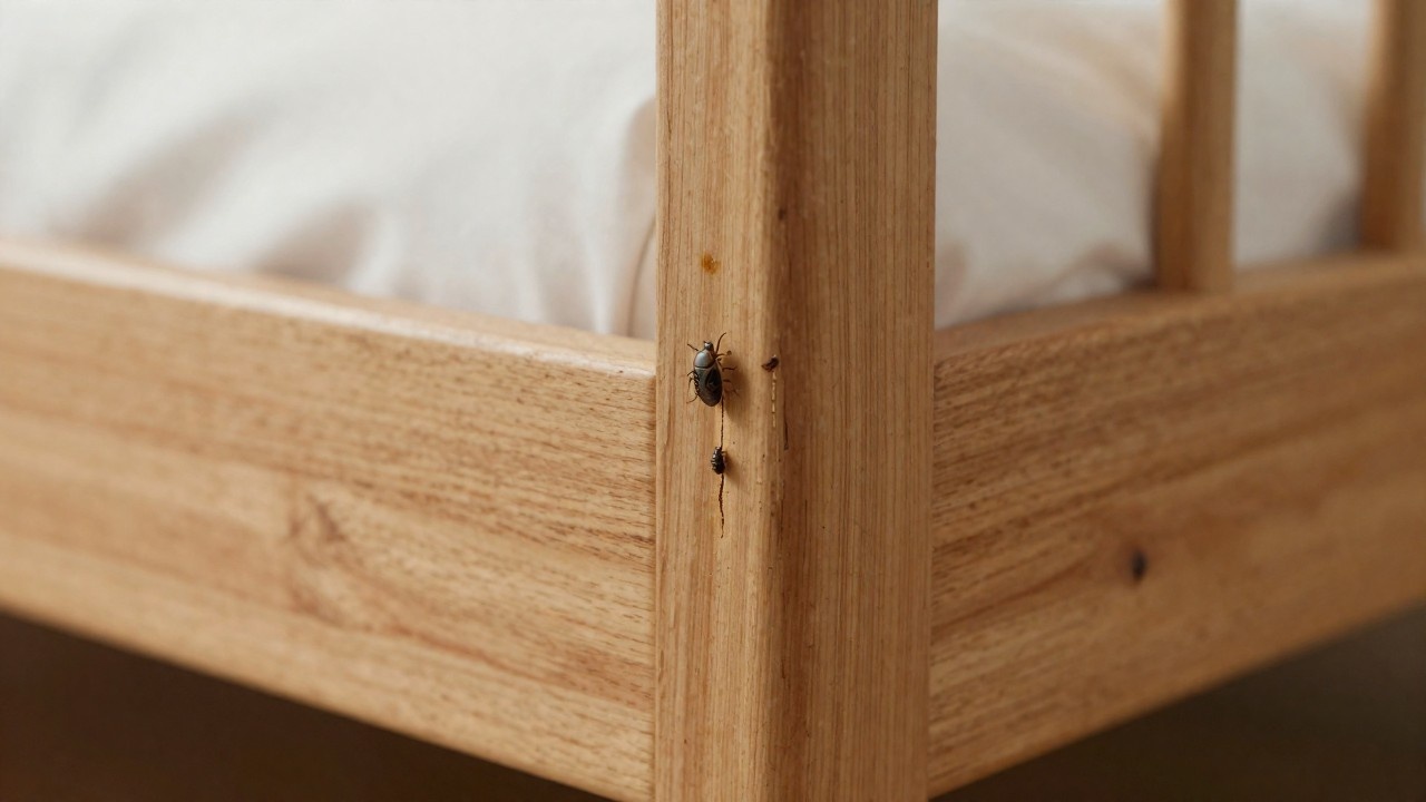 Bed bugs crawling on the corner joint of a light-colored wooden bed frame, showing signs of an infestation.