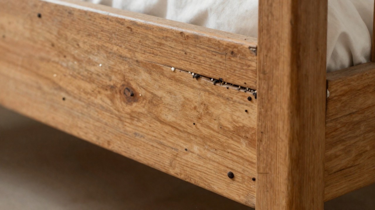 Wooden bed frame showing small black fecal spots and bed bug activity inside a long horizontal crack.