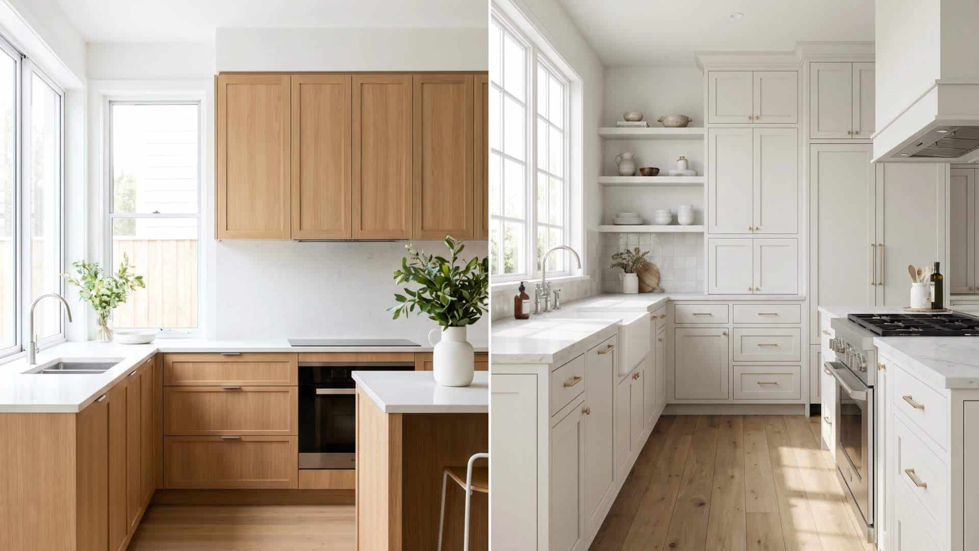 Comparison of slim shaker cabinets vs shaker cabinets, highlighting design differences and clean lines.