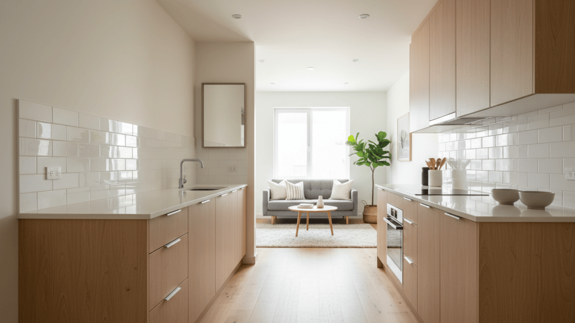 Narrow galley kitchen with light wood cabinets opening directly into a sunlit living room with a grey sofa and large window.