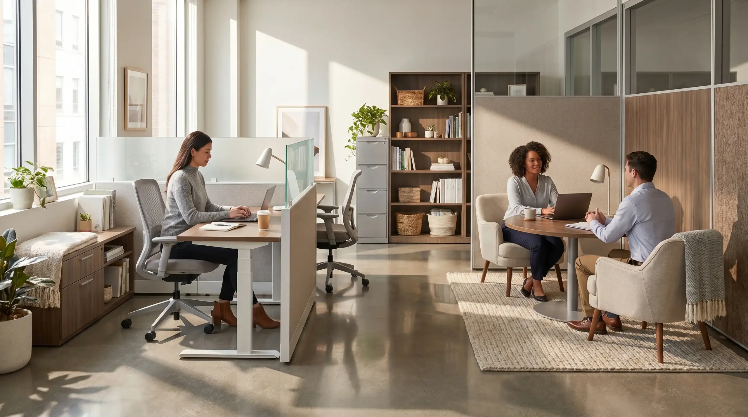 Compact modern office under 500 sq ft with desks, ergonomic chairs, small meeting corner, walking paths, and bright natural light.