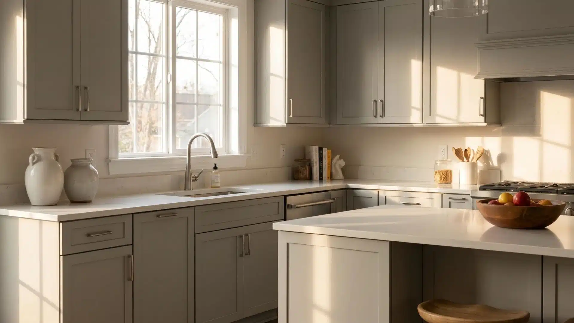 Soft gray painted kitchen cabinets illuminated by sunlight with minimalist decor and sleek silver handles.